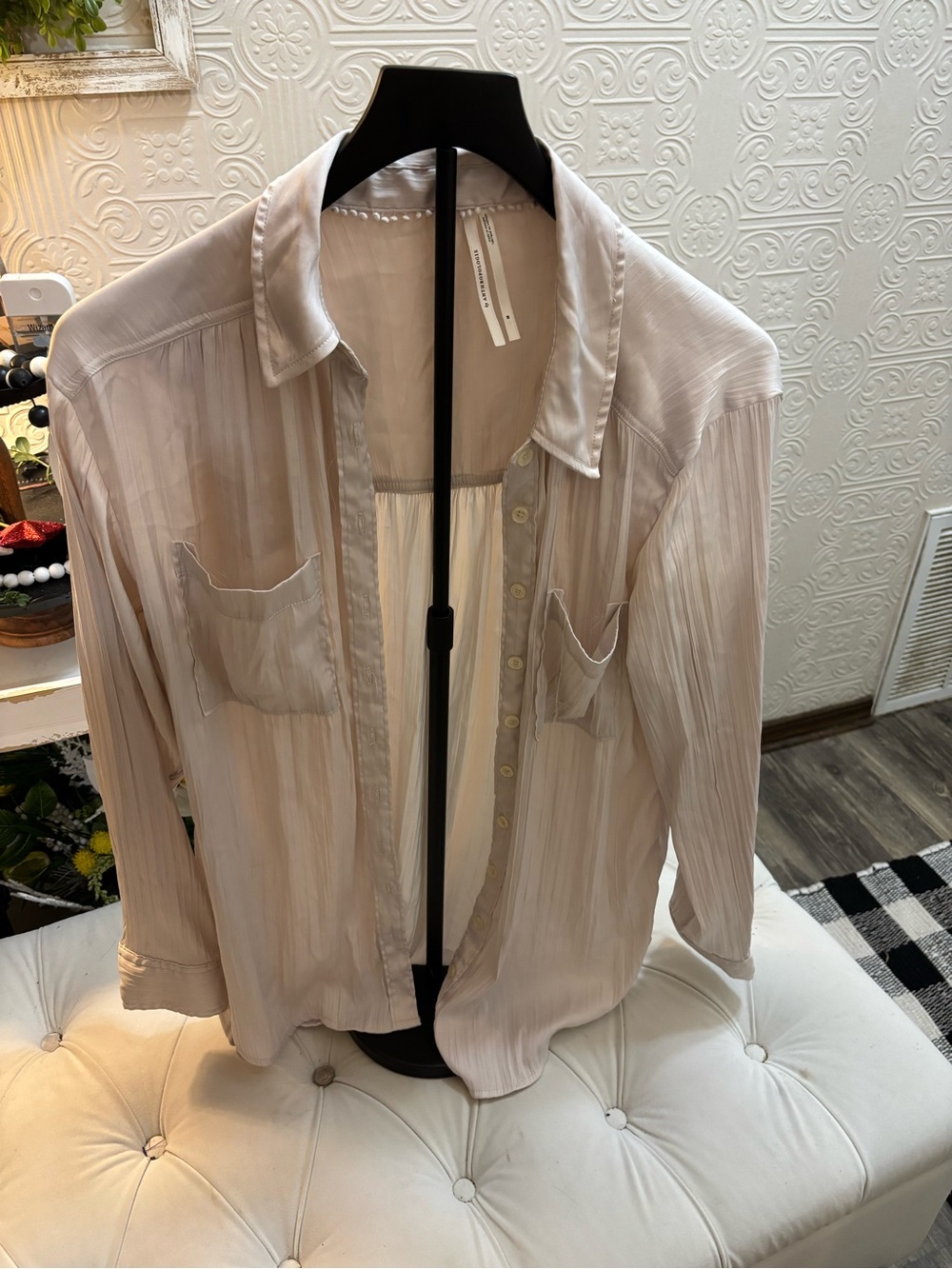 Anthropologie Pale Beige Button-Down Sheer Stripe Shirt